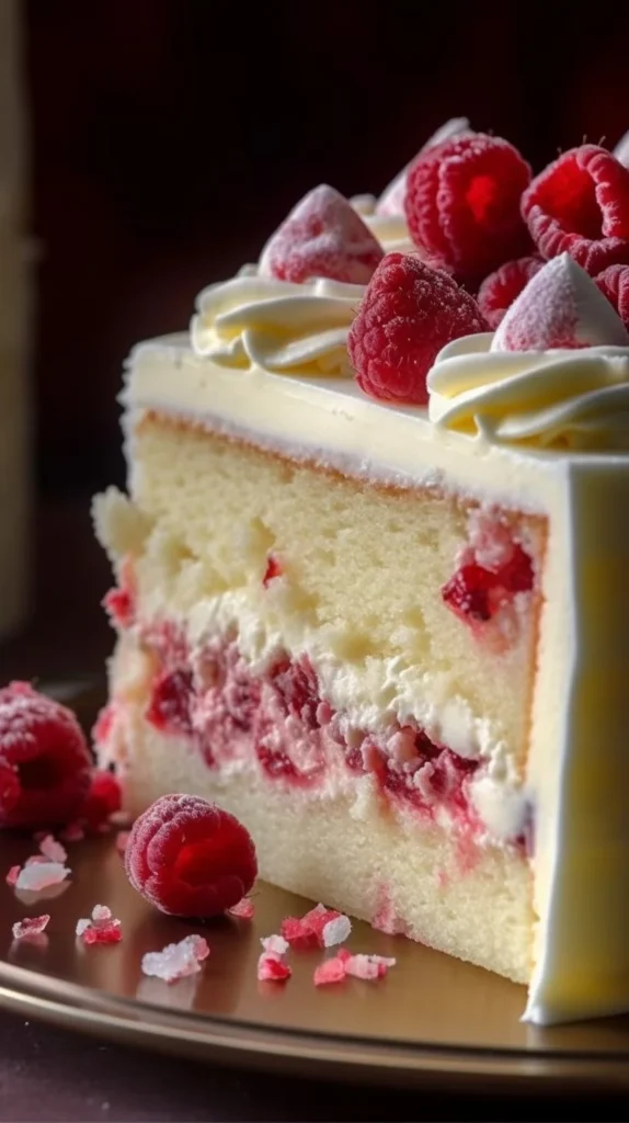 Delicious white chocolate raspberry cake garnished with fresh raspberries