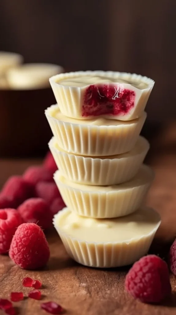 Delicious White Chocolate Raspberry Cups topped with fresh raspberries
