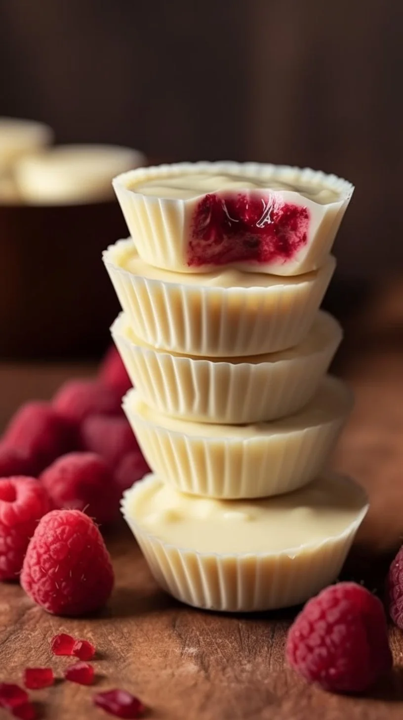 Delicious White Chocolate Raspberry Cups topped with fresh raspberries