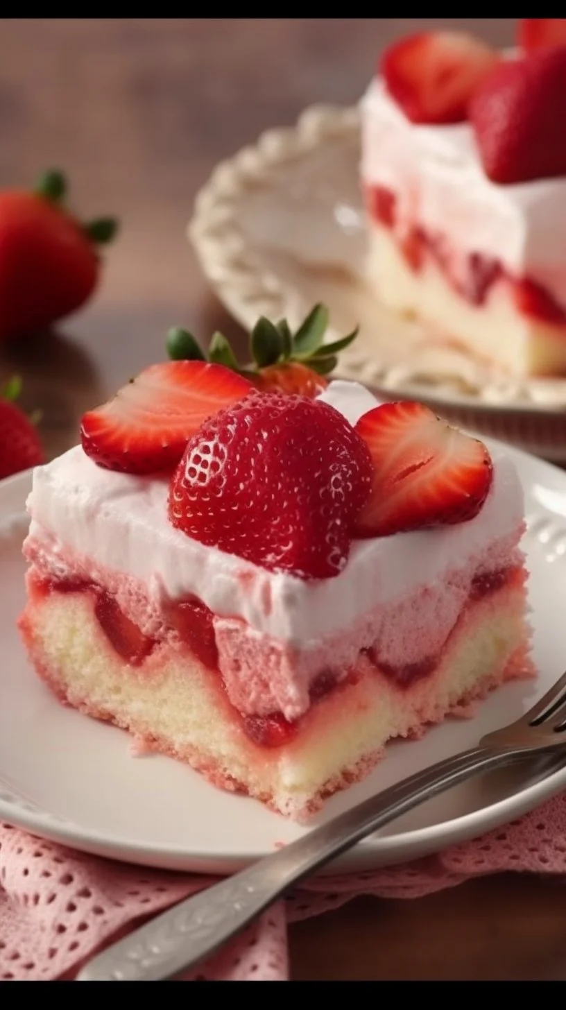 Delicious White Chocolate Strawberry Poke Cake topped with strawberries