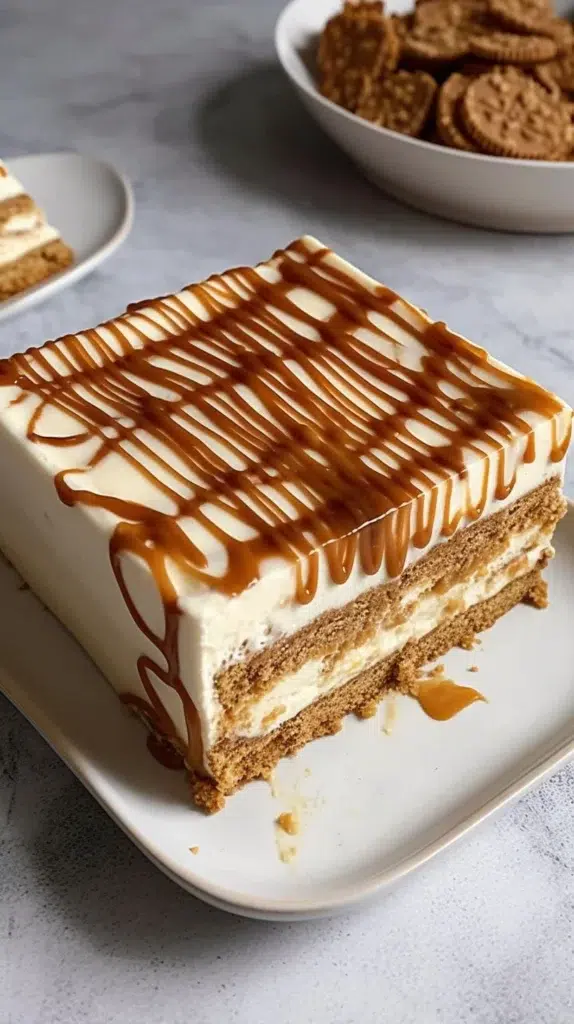 Delicious 4 ingredient Biscoff lasagne served on a plate