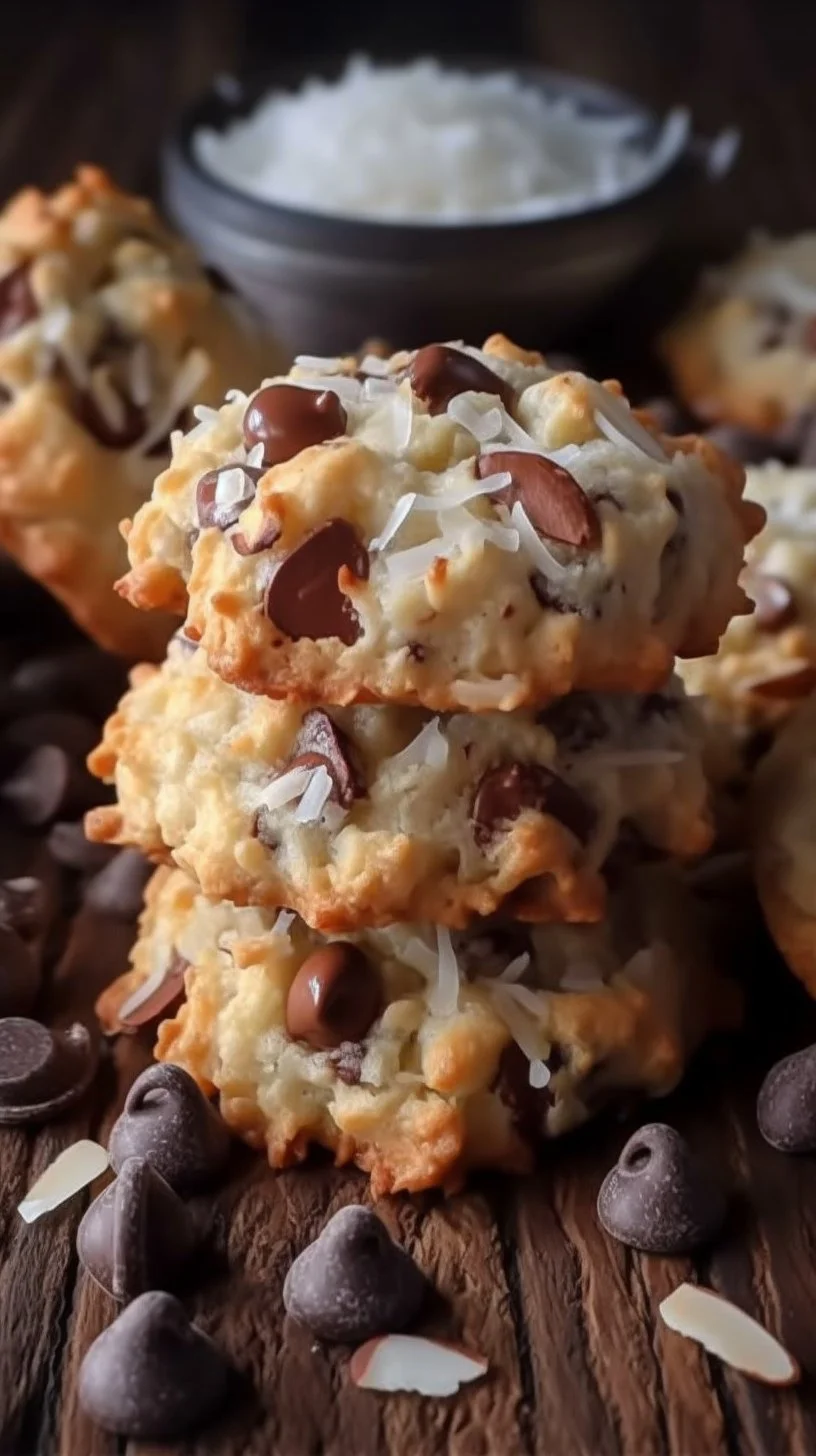 Delicious homemade Almond Joy Cookies with chocolate, coconut, and almonds