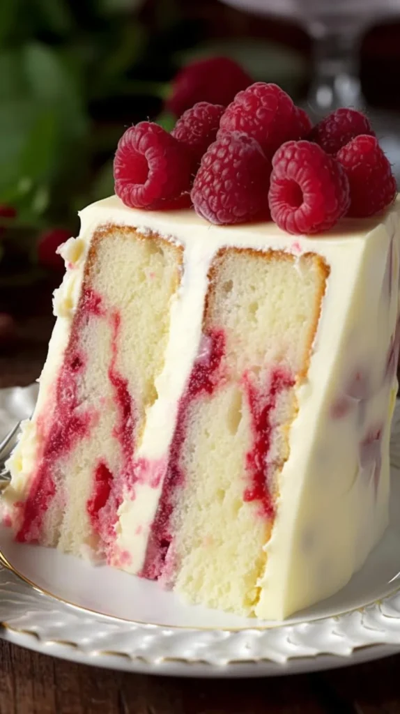 Delicious Almond Raspberry Swirl Cake slice on a plate with fresh raspberries