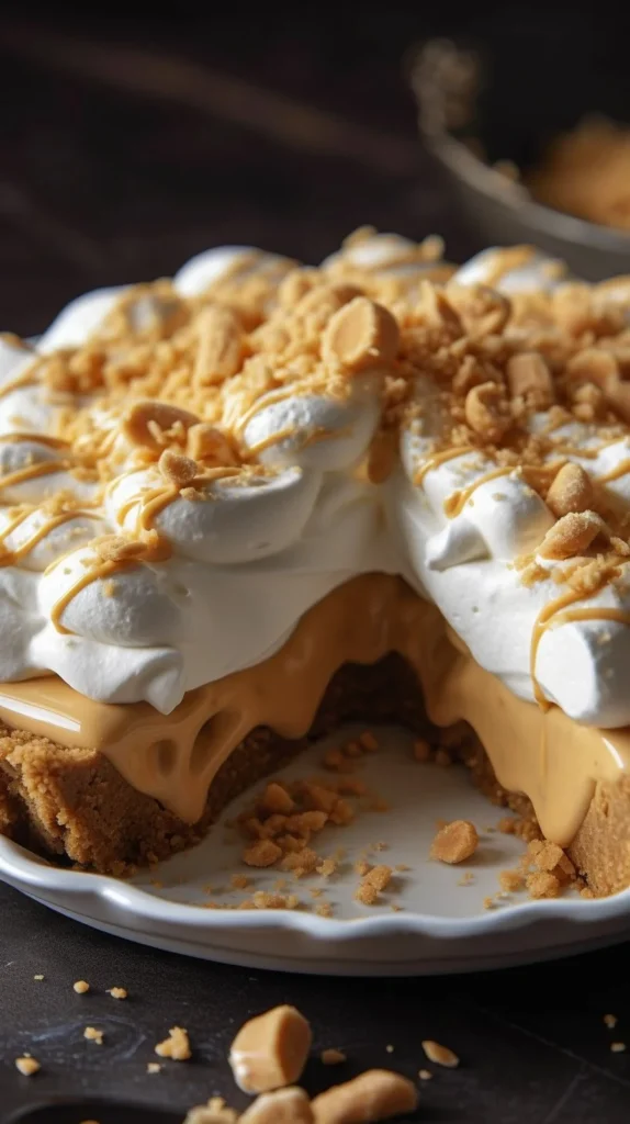 Delicious Amish Peanut Butter Cream Pie topped with whipped cream and chocolate drizzle