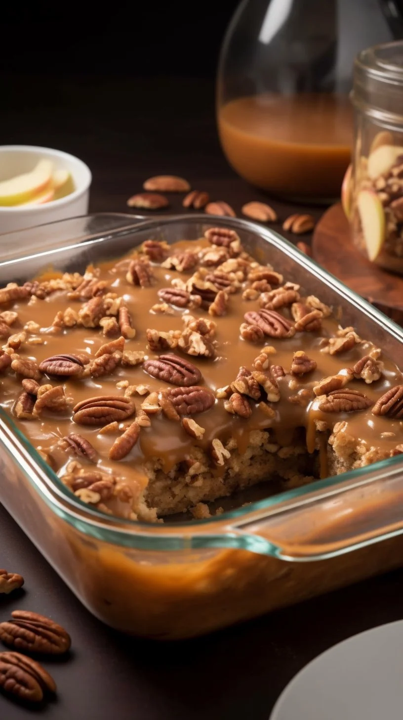 Slice of delicious homemade Apple Dapple Cake with apples and nuts