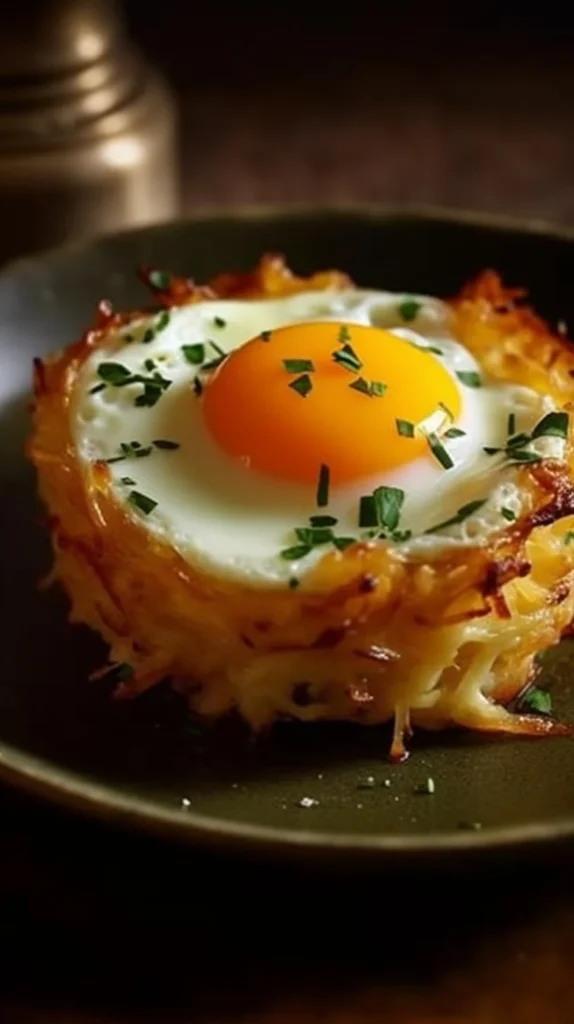 Baked Eggs Napoleon served on a white plate with herbs on top