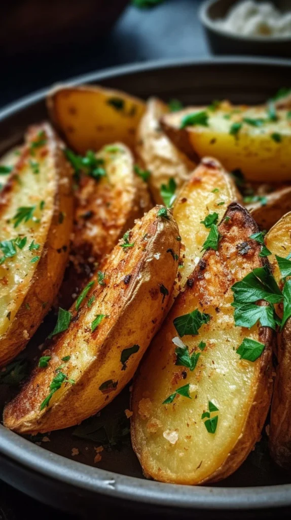 Baked garlic parmesan potato wedges on a plate, crispy and golden.