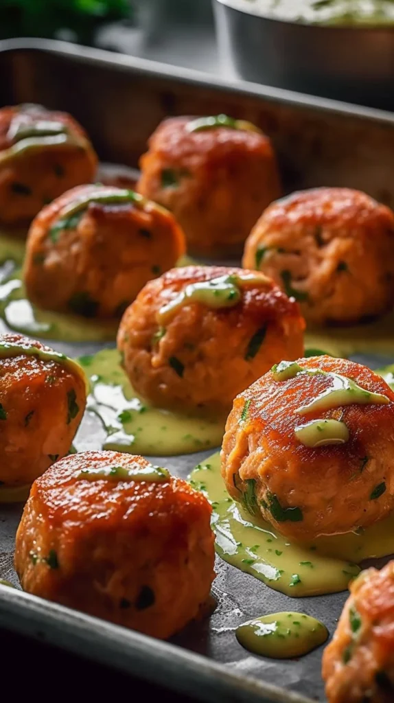Baked salmon meatballs served with creamy avocado sauce on a plate.