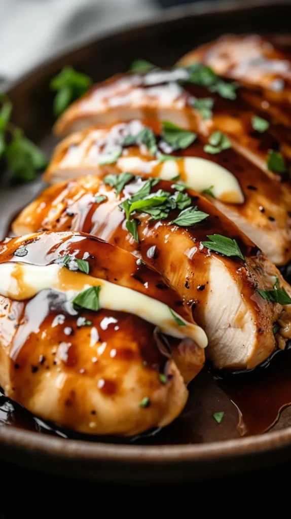 Balsamic baked chicken breast topped with mozzarella cheese and herbs