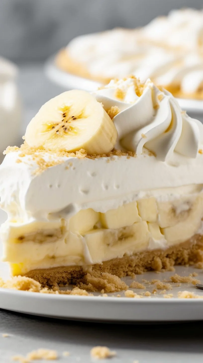 Slice of Banana Cream Cheesecake garnished with bananas and whipped cream