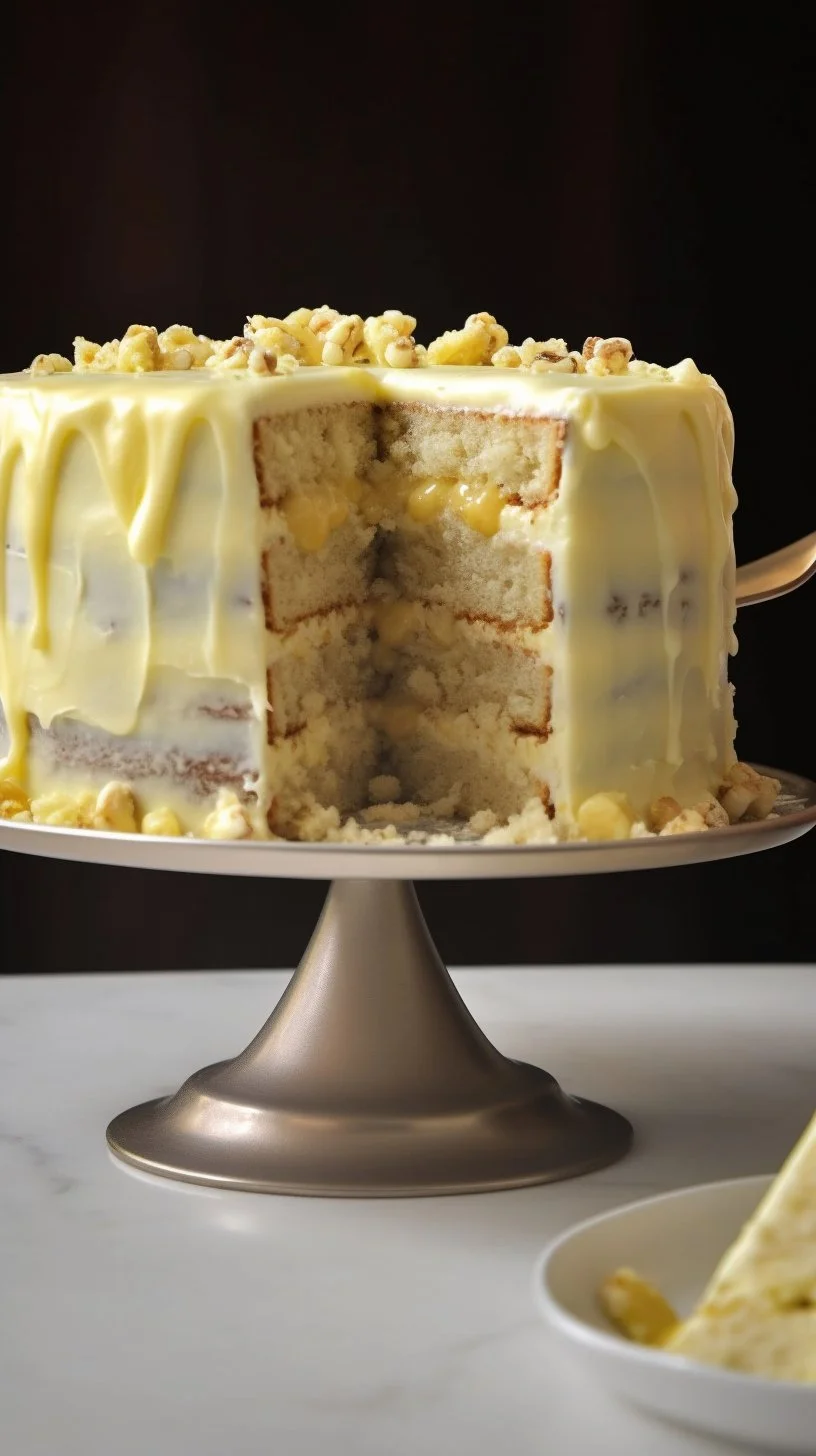 Slice of Banana Pudding Layer Cake showcasing layers of banana pudding and cake