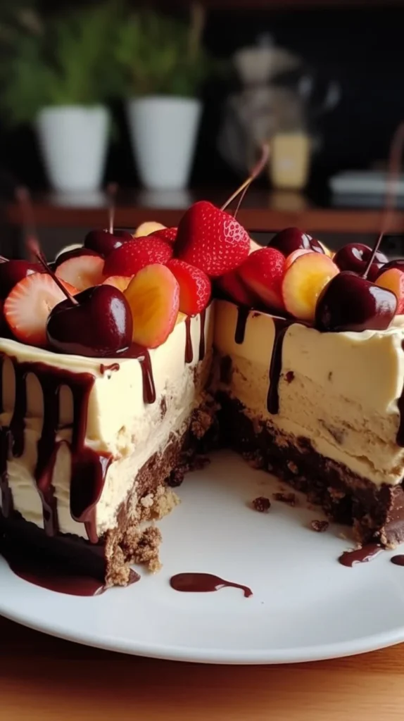 Delicious Banana Split Cheesecake Cake with banana, chocolate, and whipped cream toppings