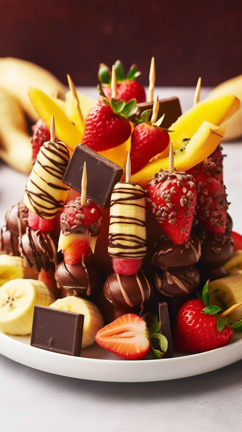 Delicious banana split dessert kabobs with bananas, ice cream, and toppings.