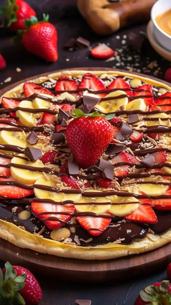 Delicious banana split pizza topped with fresh fruits and chocolate sauce