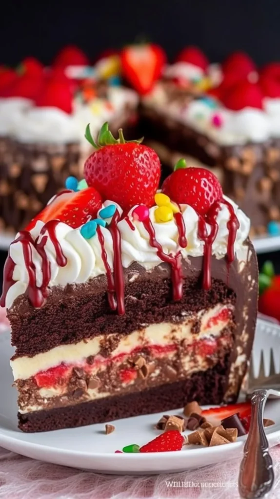 Delicious slice of Banana Split Pie topped with whipped cream and cherries.