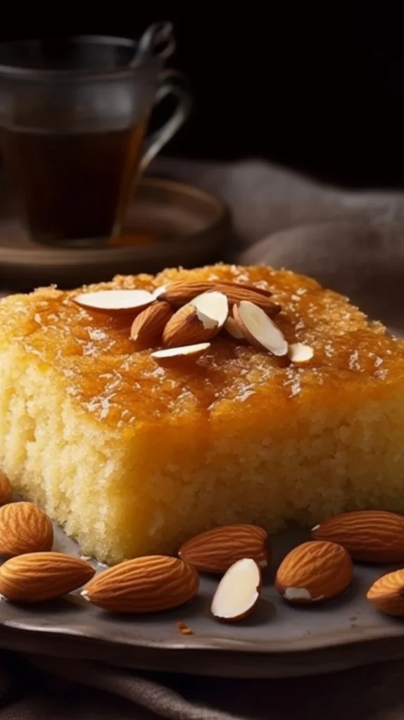 Delicious Basbousa, a traditional Middle Eastern sweet dessert.