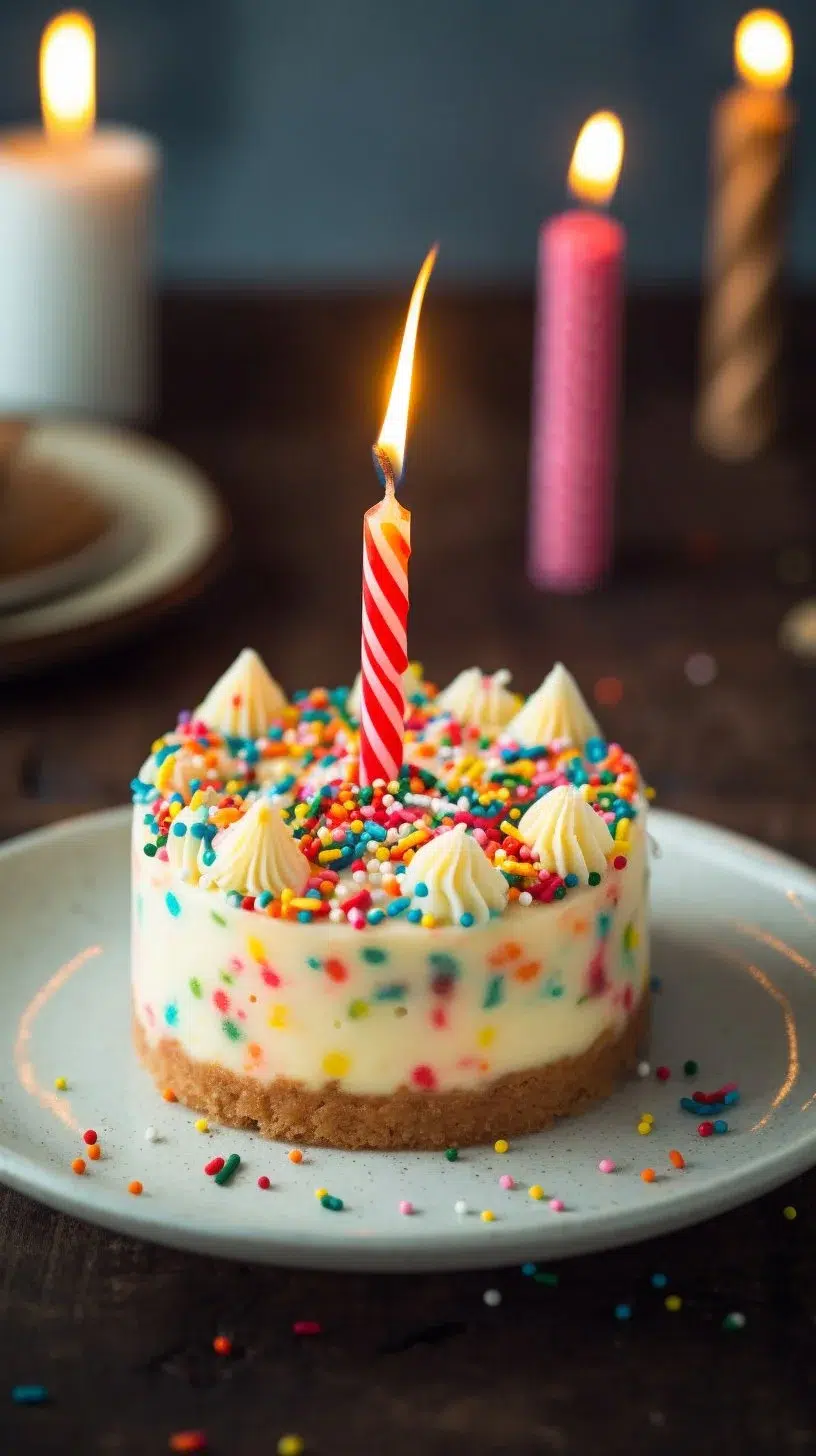 Delicious birthday cake cheesecake topped with colorful sprinkles on a festive plate.