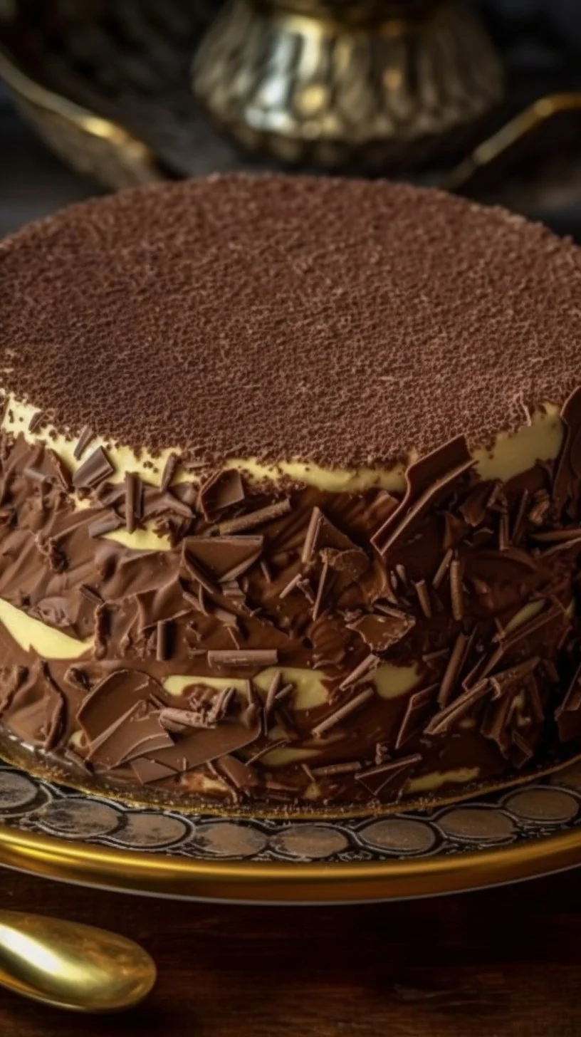 Slice of Black Prince Cake topped with creamy chocolate icing and raspberries