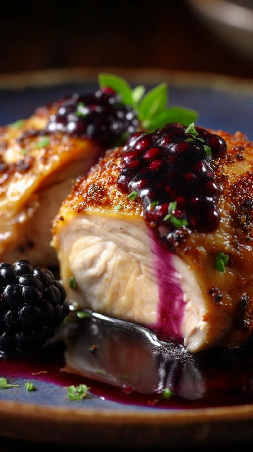 Blackberry Pepper Jack Stuffed Chicken Rolls served on a plate with herbs.