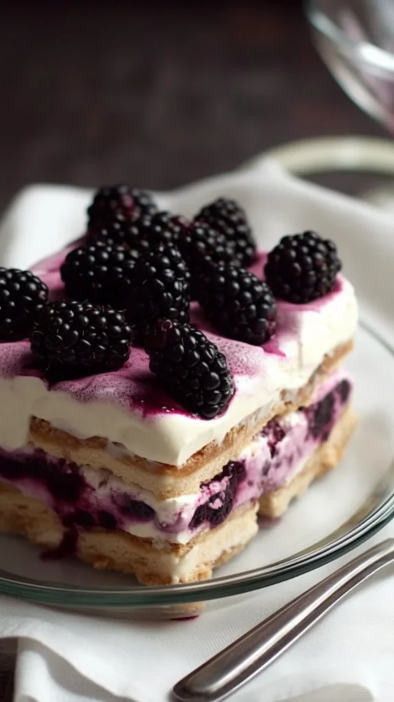 Delicious Blackberry Tiramisu dessert layered with blackberries and mascarpone