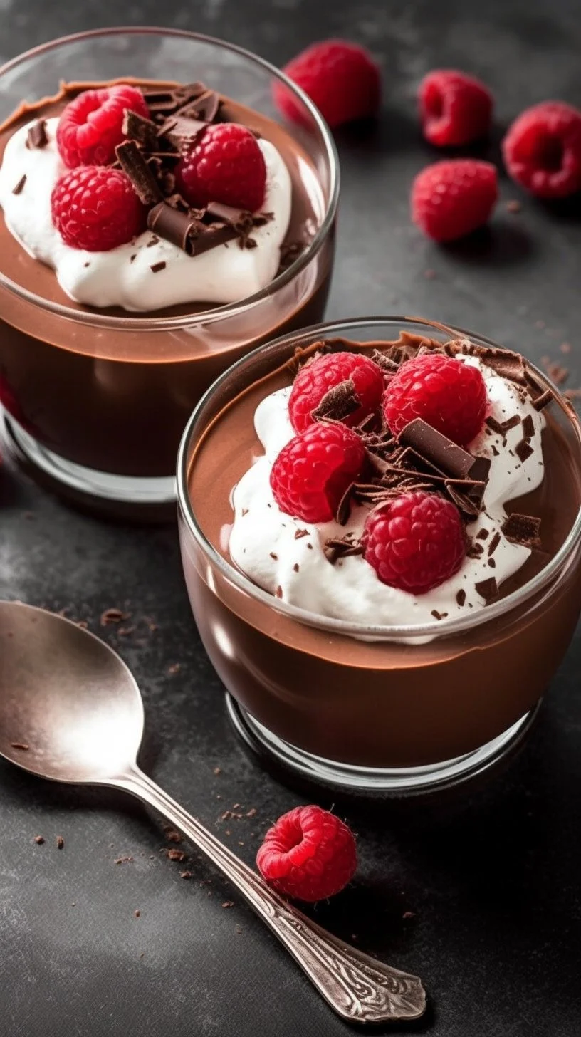 Blended chocolate chia pudding dessert topped with fresh berries.