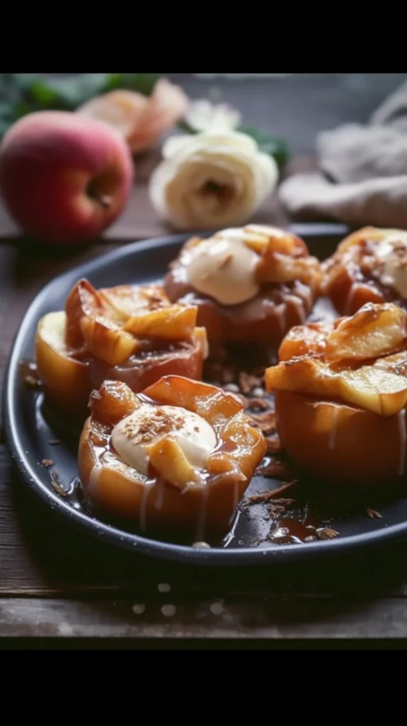 Delicious blooming grilled apples served on a platter
