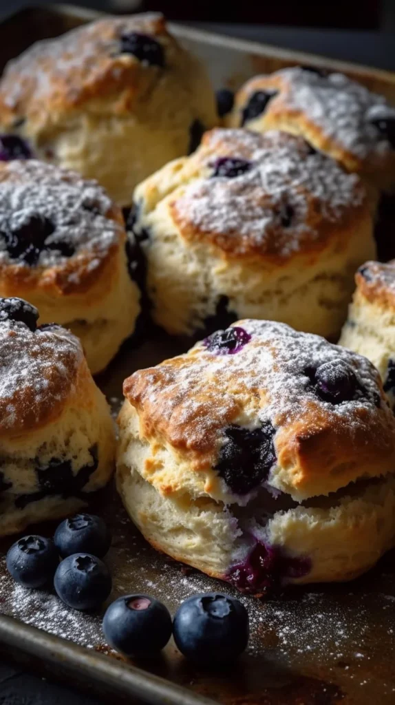 Fluffy blueberry biscuits topped with tangy lemon glaze on a wooden table
