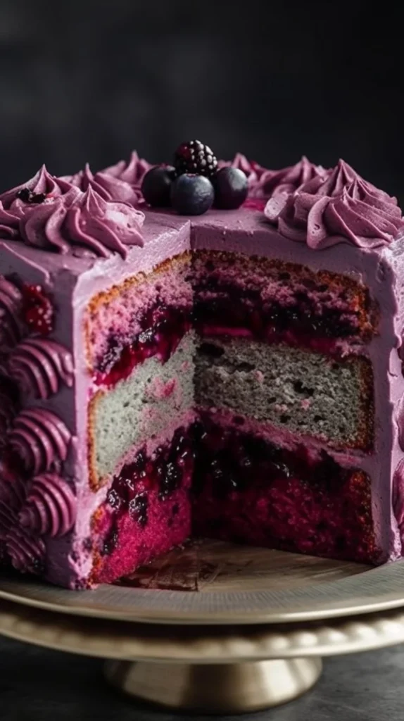 Slice of blueberry cake with blueberry buttercream frosting on a white plate