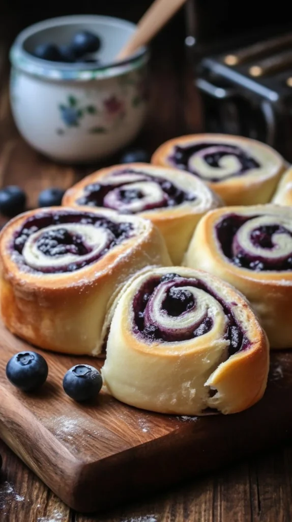 Blueberry cheesecake rolls stacked on a plate with fresh blueberries on top