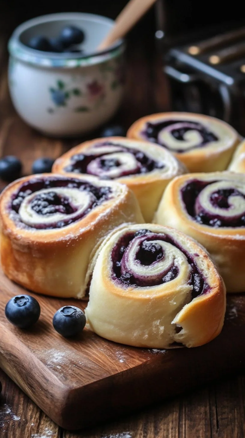 Blueberry cheesecake rolls stacked on a plate with fresh blueberries on top