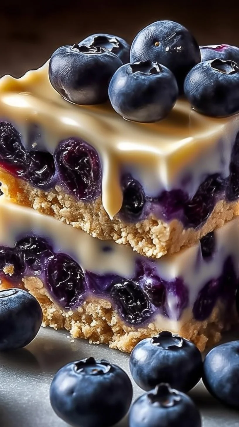 Blueberry Rice Krispies Treats drizzled with vanilla glaze on a white plate