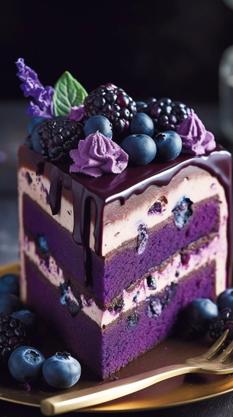Blueberry Velvet Cake topped with fresh blueberries and cream