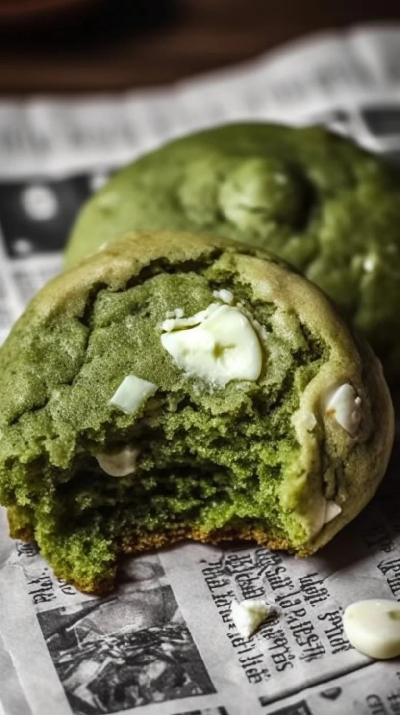 Delicious Brown Butter White Chocolate Matcha Cookies on a cooling rack