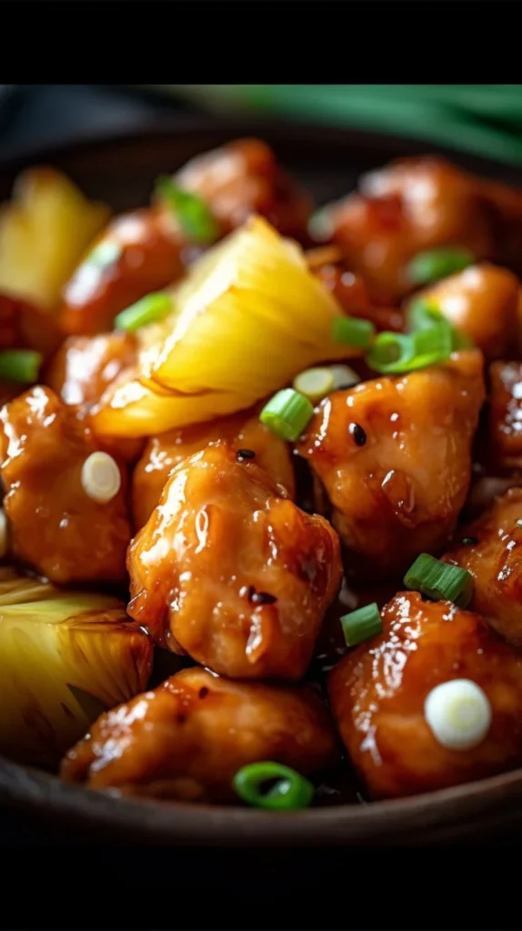 Delicious Brown Sugar Pineapple Chicken served on a plate with garnish
