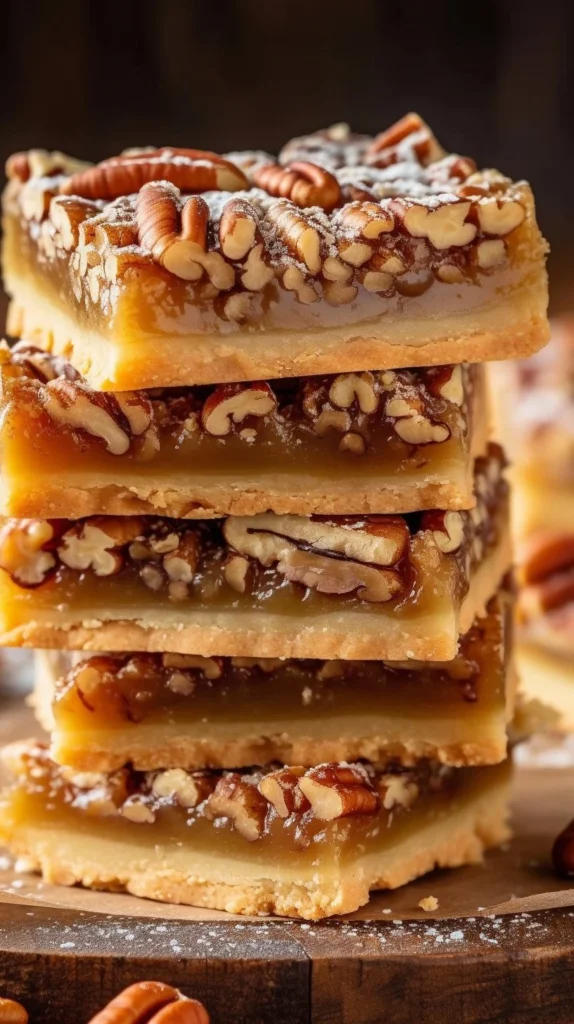 Buttery pecan pie bars topped with nuts and a golden crust