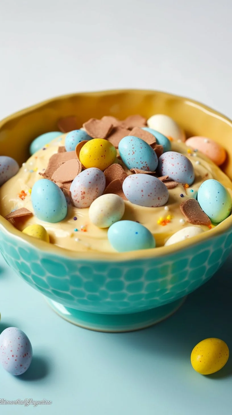 Delicious Cadbury Mini Eggs cream cheese dip served in a bowl with mini eggs on top.