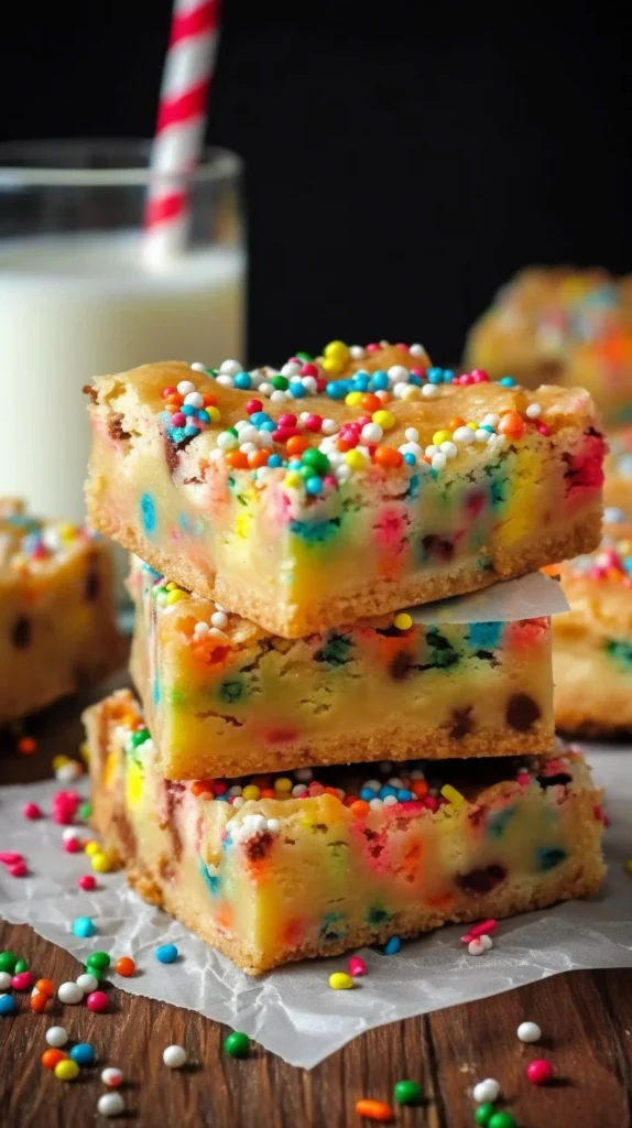 Delicious Cake Batter Gooey Bars with colorful sprinkles and gooey texture
