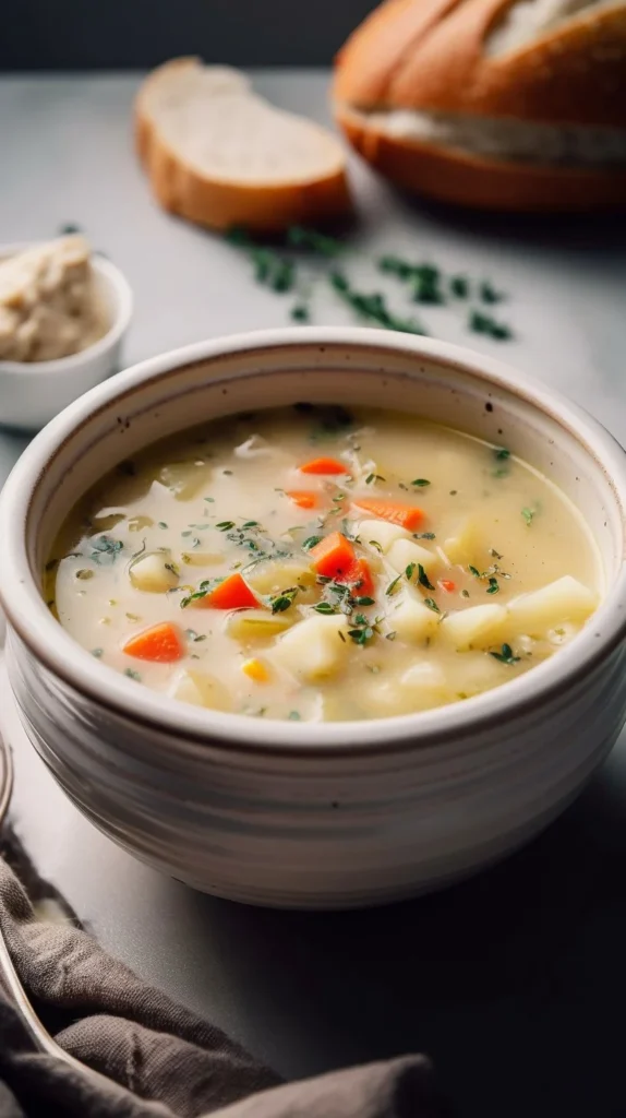 Bowl of creamy cauliflower soup garnished with fresh herbs