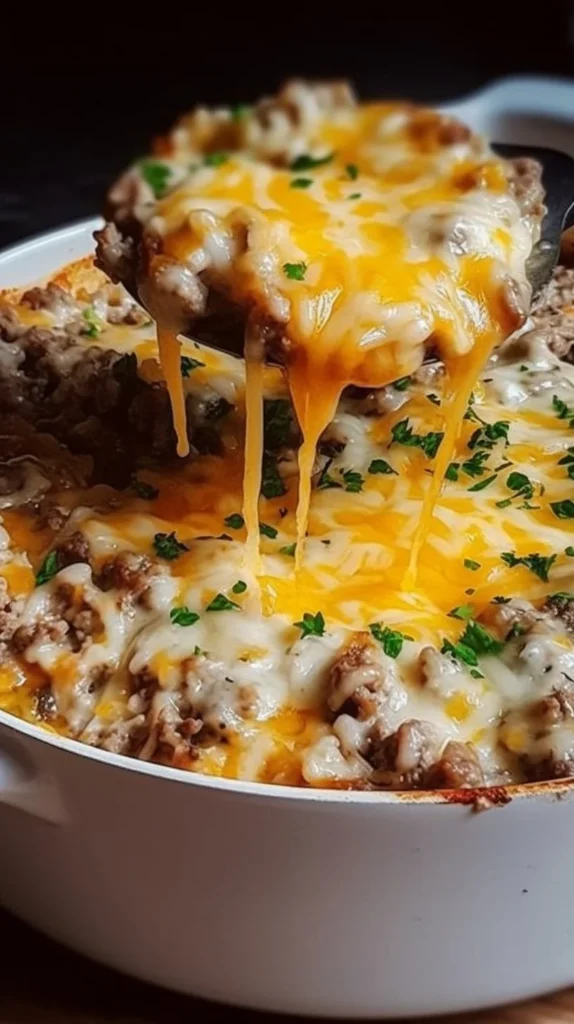 Cheesy beef casserole with garlic butter rice in a baking dish