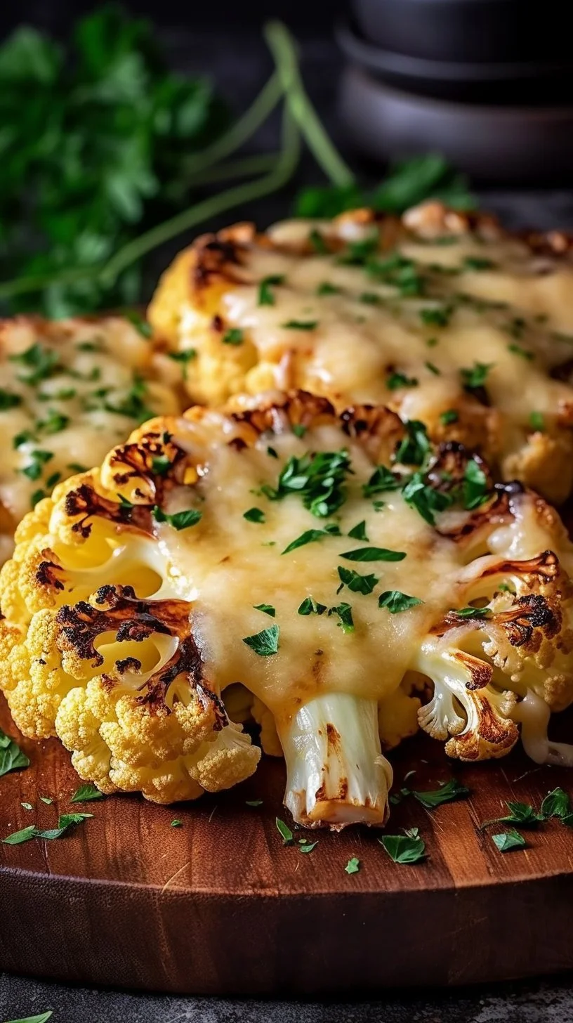 Cheesy cauliflower steaks topped with melted cheese and herbs