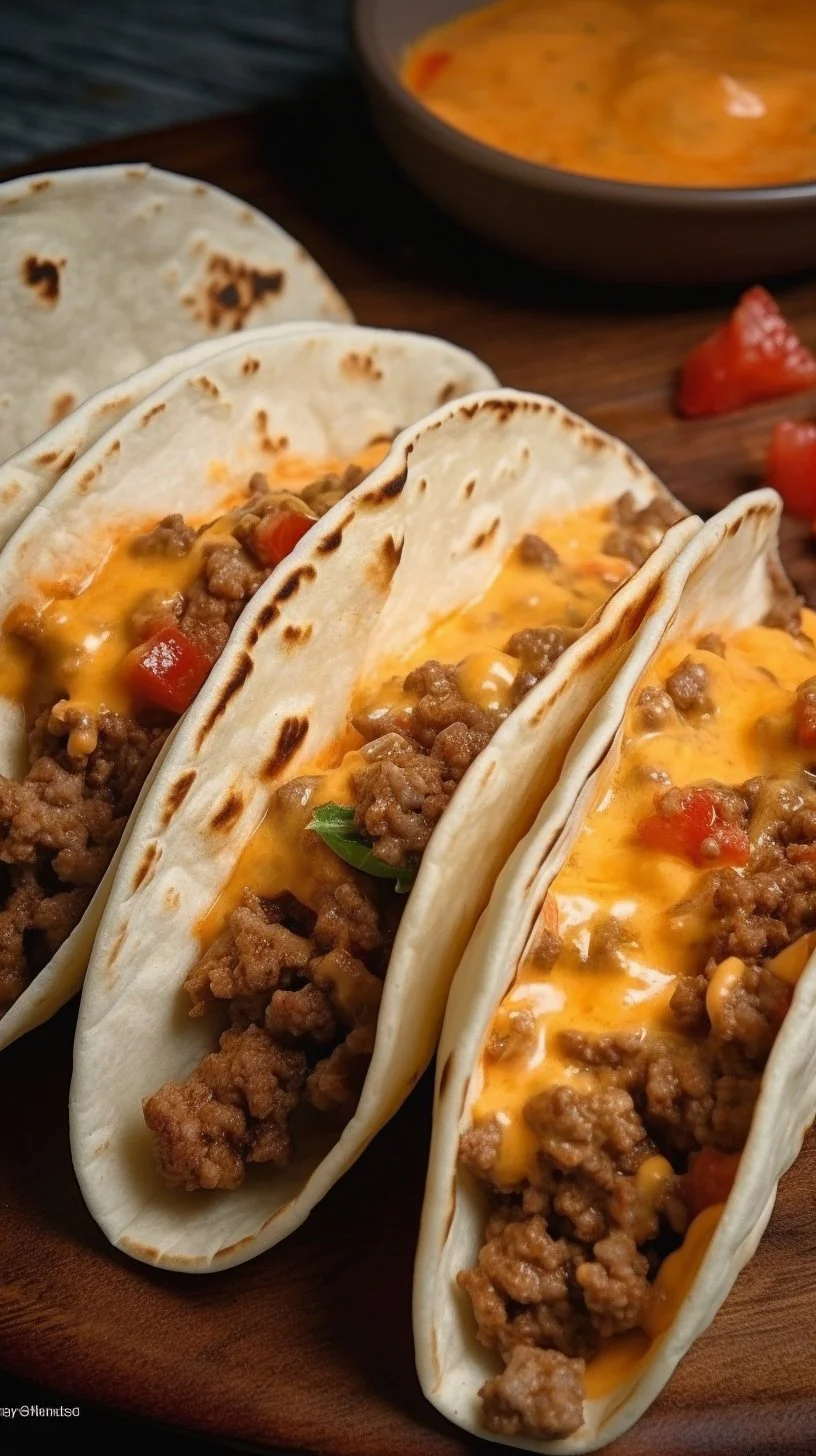 Cheesy Rotel beef tacos served in soft tortillas with fresh toppings.