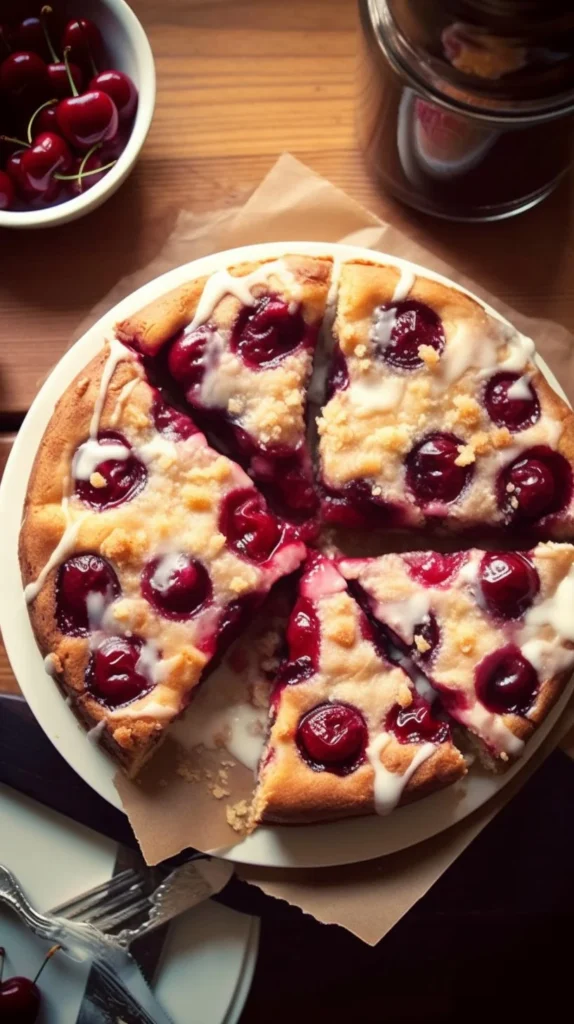 Delicious cherry dessert pizza topped with sweet cherries and creamy frosting