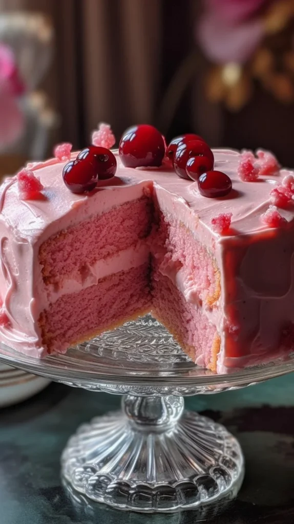Slice of Cherry Maraschino Cake with bright cherries on top