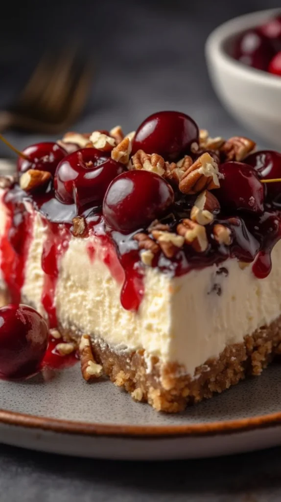 Cherry Pecan Cheesecake Lush dessert topped with cherries and pecans