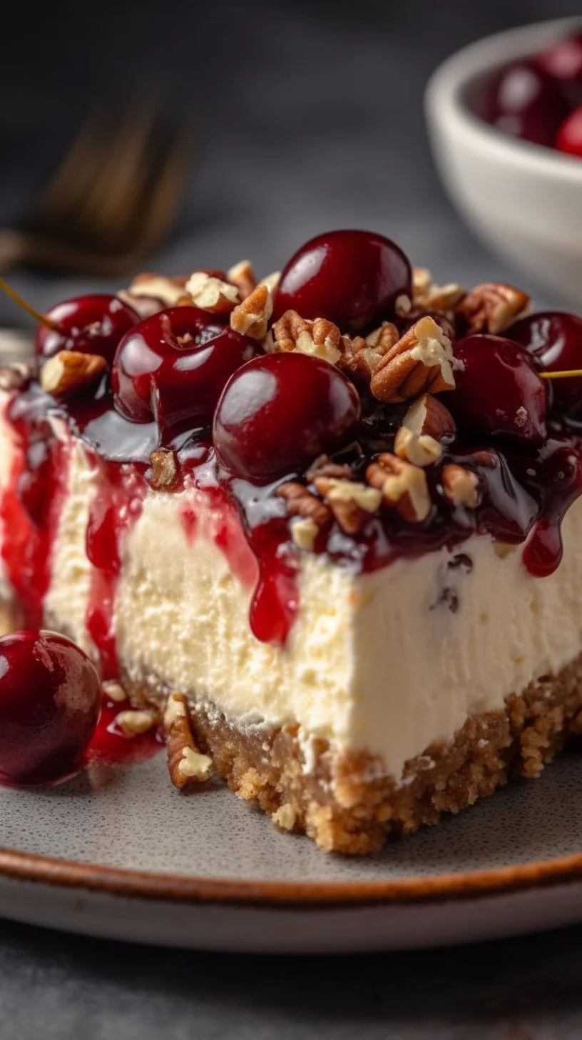 Cherry Pecan Cheesecake Lush dessert topped with cherries and pecans