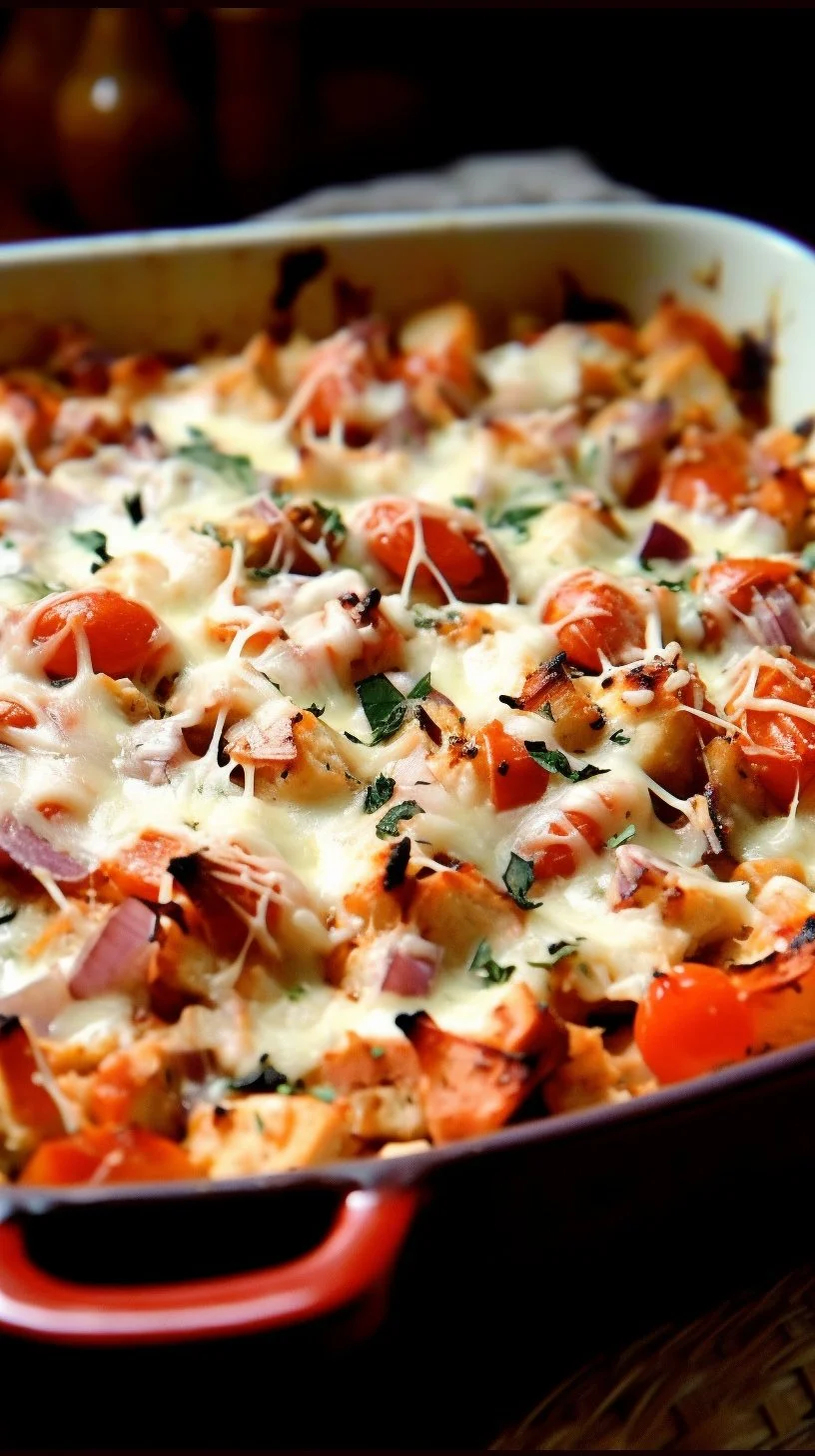 Delicious Chicken Bruschetta Casserole topped with fresh tomatoes and basil.