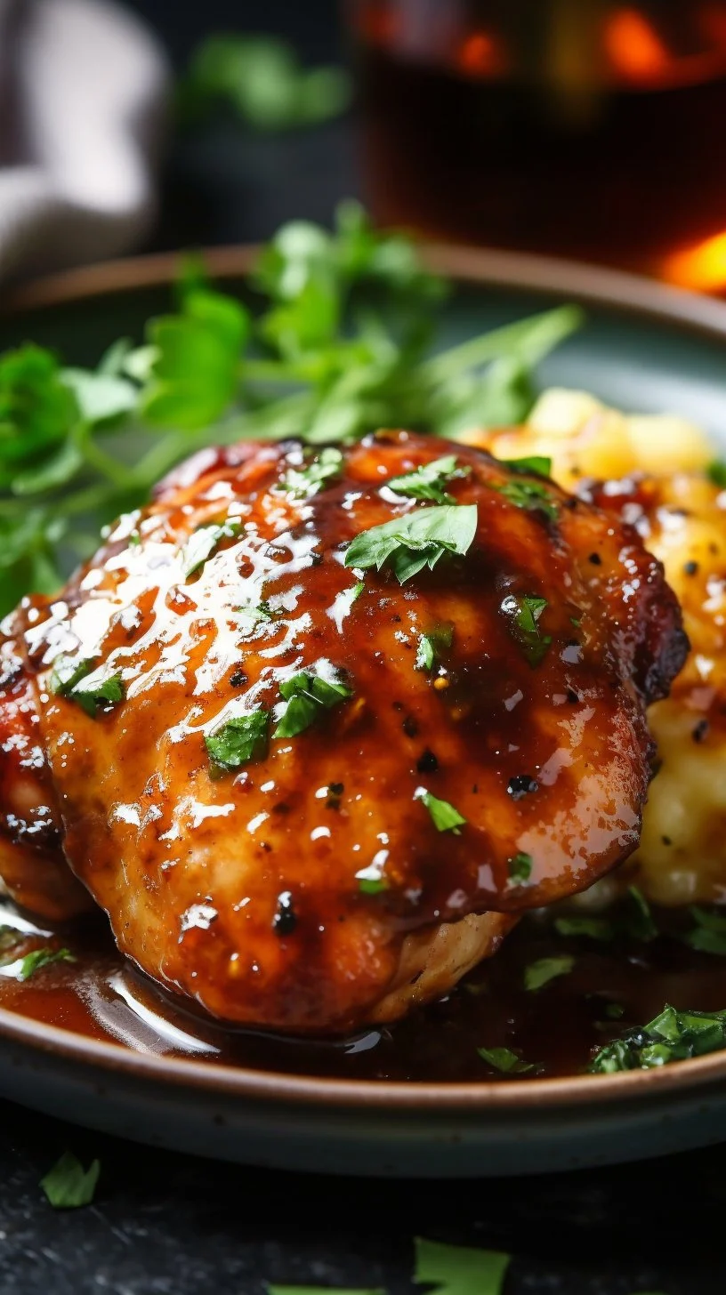 Chipotle Honey Chicken thighs with smoked gouda mashed potatoes on a plate