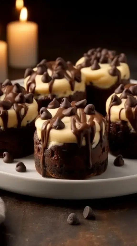 Chocolate chip cookie dough brownie bites on a plate topped with chocolate drizzle.
