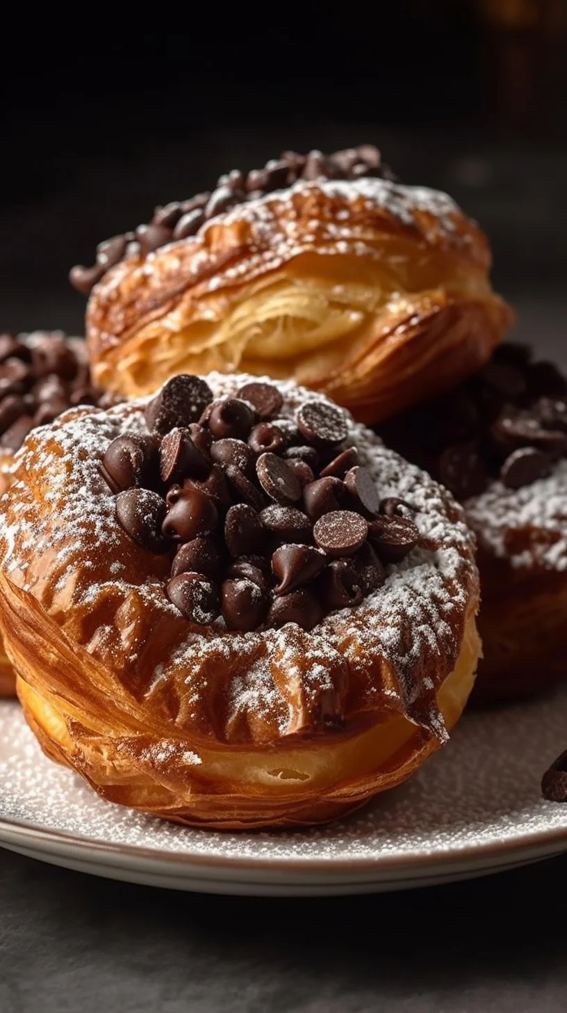 Decadent chocolate chip cruffins on a rustic wooden table
