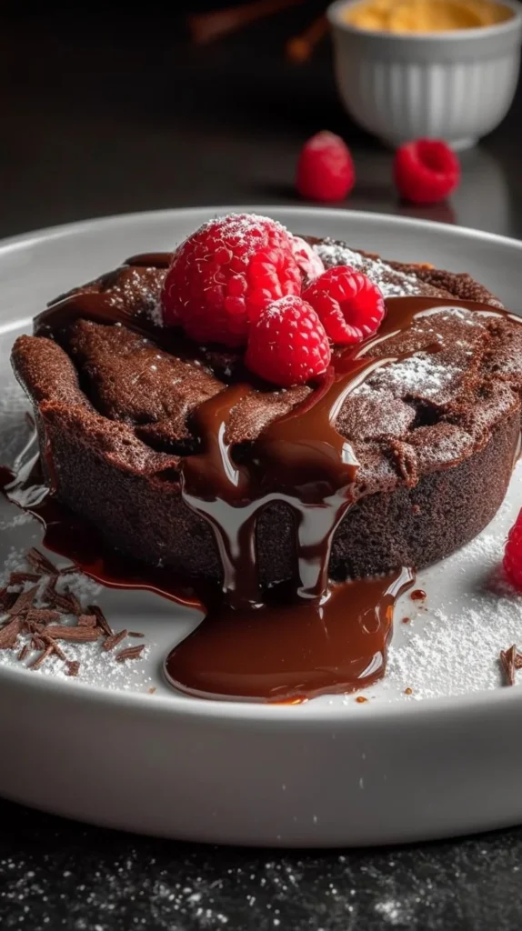 Delicious chocolate cobbler dessert served warm with ice cream